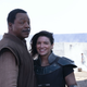 Weathers and Carano on set.